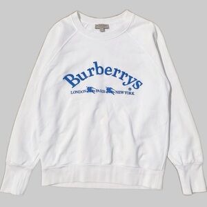 Authentic Burberry Men's White Crewneck Sweater with Blue Logo